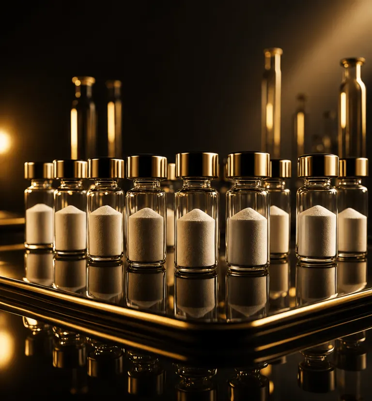 Rows of gold-capped research vials in a dark laboratory setting