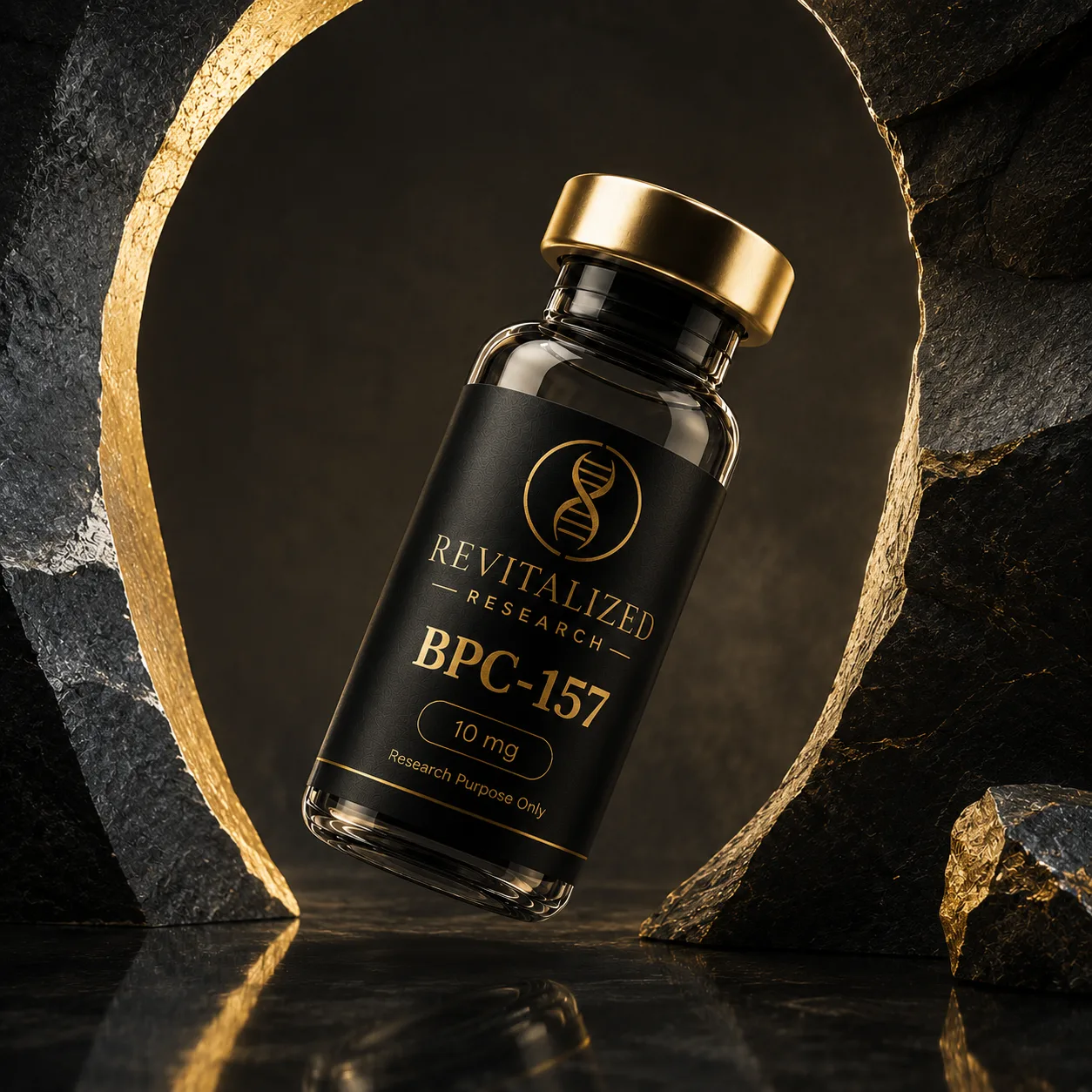 Revitalized Research BPC-157 vial in a premium black and gold product setting