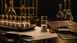 Research peptide vials beside certificate of analysis paperwork in a black and gold lab setting