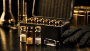 Lyophilized peptide vials in a controlled dark laboratory storage setup with gold lighting