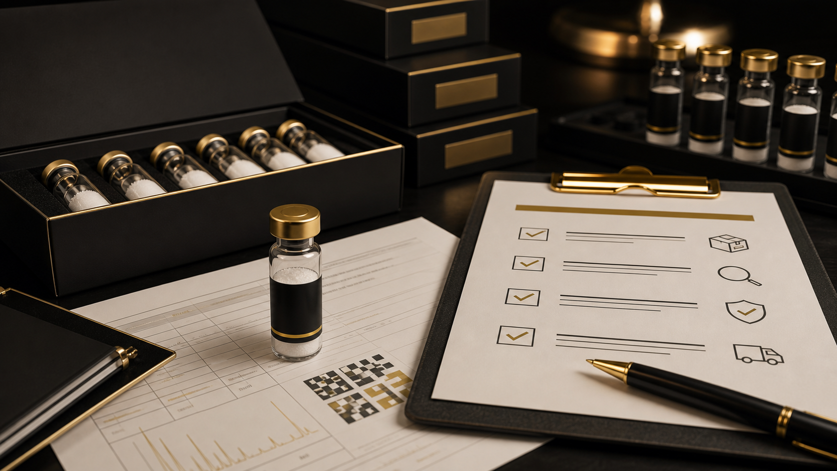 Research peptide order documentation workflow with vials, checklist papers, and abstract batch references