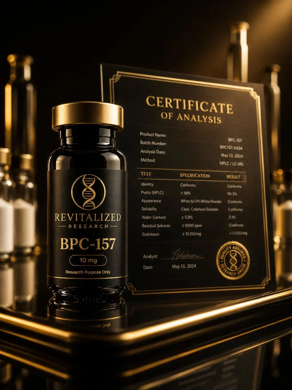Revitalized Research certificate of analysis and BPC-157 vial