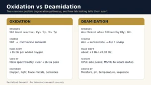 Comparison chart of peptide oxidation and deamidation: residues, mass shift and detection methods