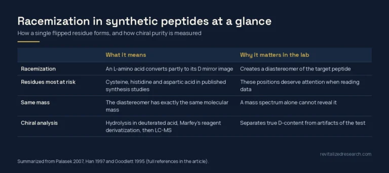 Table summarizing peptide racemization: what it means, which residues are most at risk, why mass spectrometry alone misses it and how chiral purity is analysed