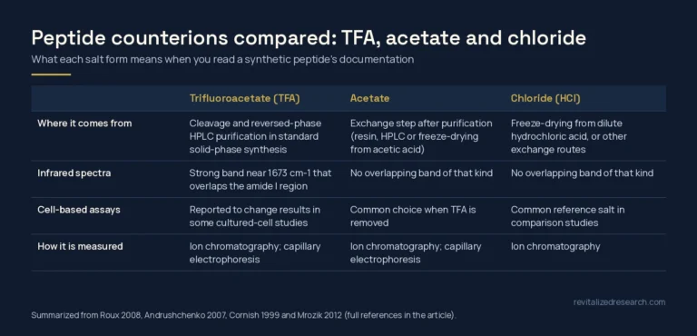 Comparison table of trifluoroacetate, acetate and chloride peptide counterions: origin, infrared interference, cell-assay notes and test methods